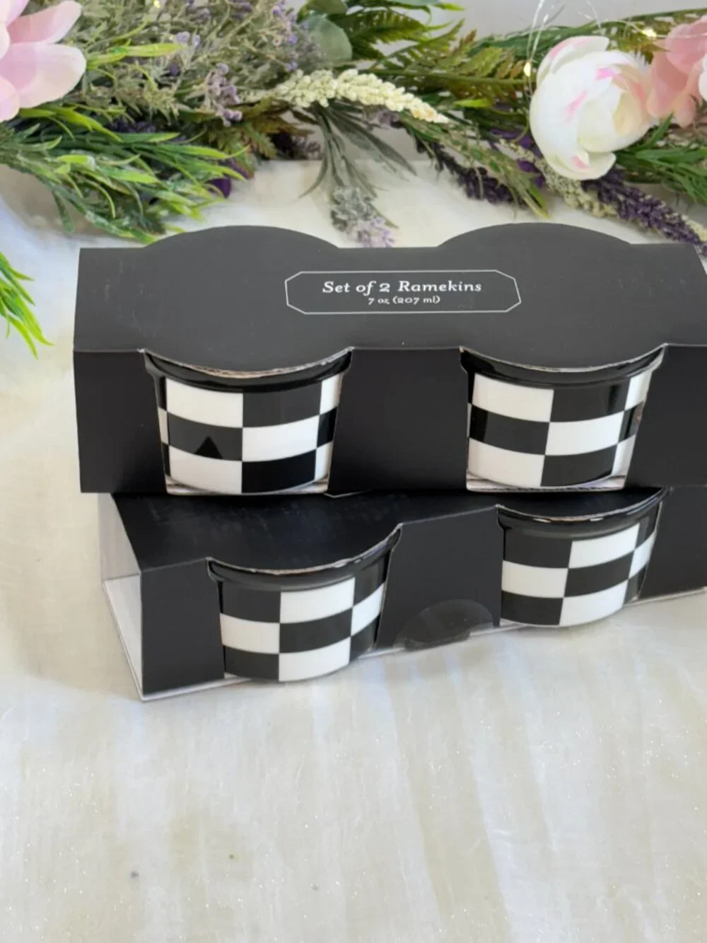 Black and White Checkered Ceramic Ramekins 7 oz Checkerboard Bowls Set of 4 New